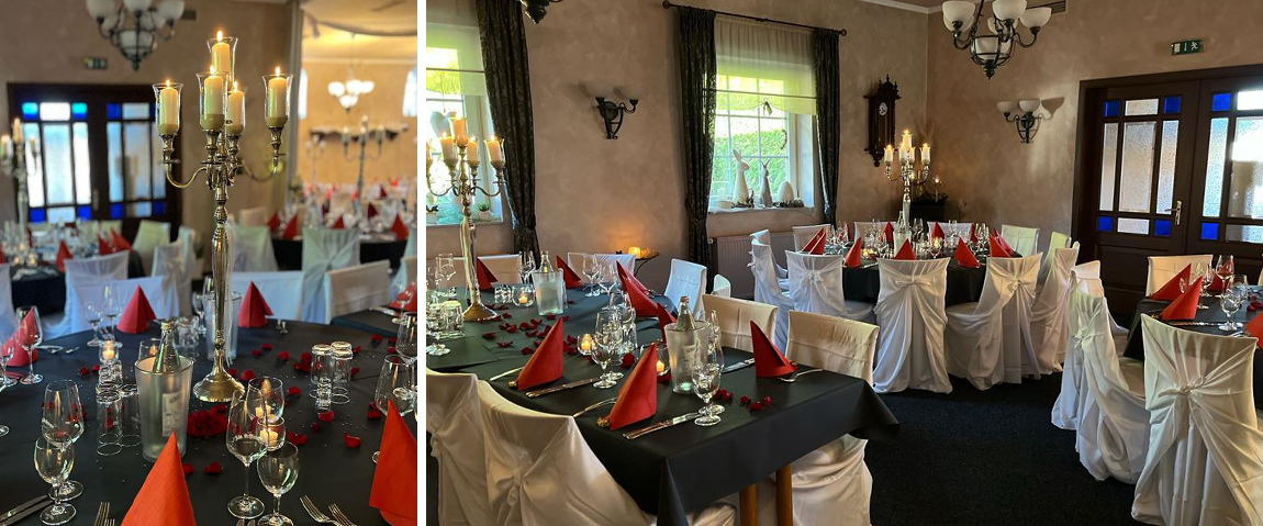 Die Alte Scheune Neuenwalde mit weißen Tischdecken und roten Servietten, perfekt für festliche Anlässe und exquisite Feiern.