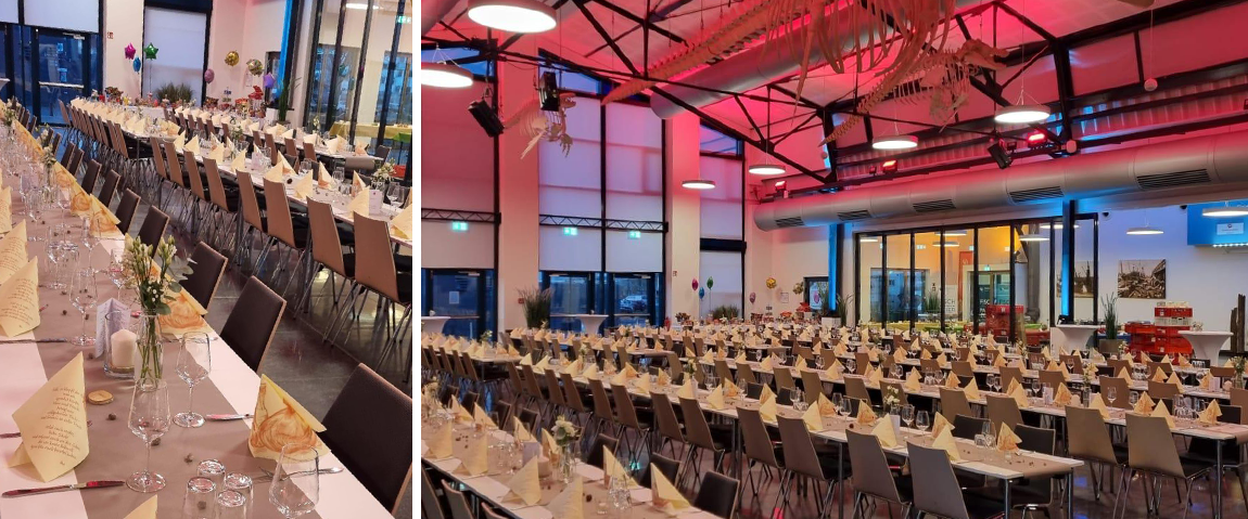 Der Fischbahnhof im Fischereihafen in Bremerhaven festlich dekoriert mit Tischen und Stühlen, bereit für eine unvergessliche Feier.