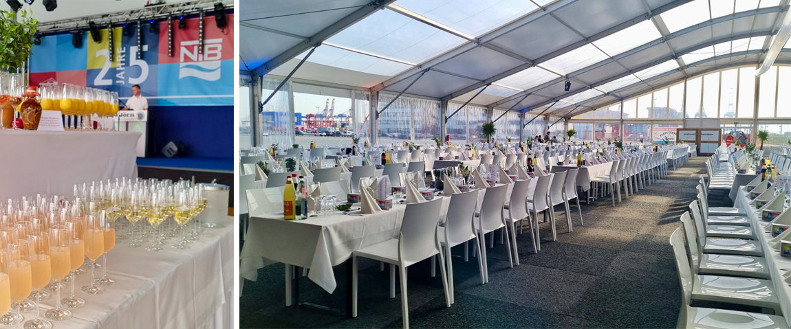 Hier sehen Sie ein Banner unserer Website mit eleganten Tischen und Stühlen auf dem ausgerichten Event auf dem Gelände der NTB in Bremerhaven.