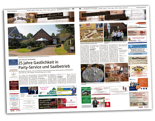 Eine aufgeschlagene Zeitung, die den Bericht über unseren Tag der offenen Tür zum 25. jährigen Jubiläum präsentiert, strahlt Eleganz und Informationsreichtum aus.