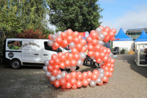 Eine prächtige Ballonskulptur in Form der Zahl 25, die in lebhaften Farben erstrahlt und Eleganz ausstrahlt.
